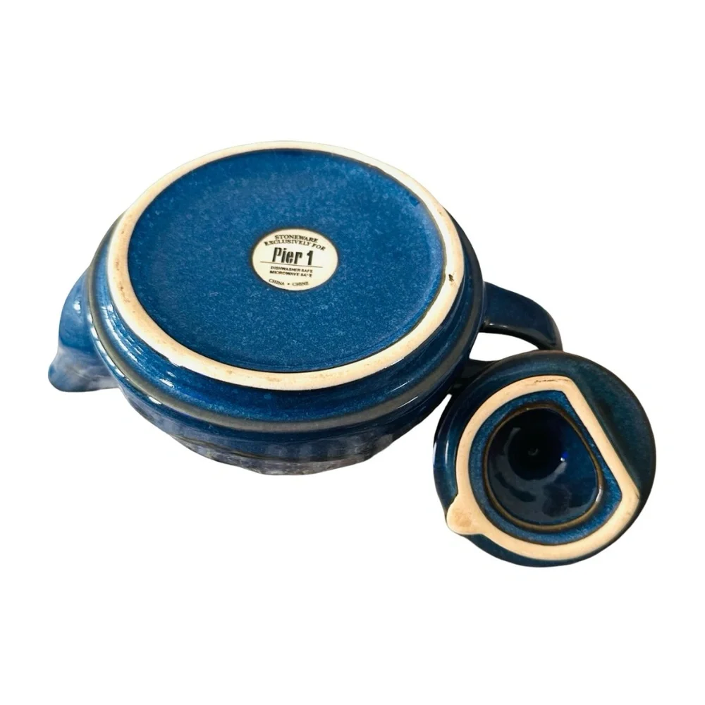 PIER 1 Vintage Art Pottery Stoneware Teapot 12 Oz Glazed Blue Handle Whimsical